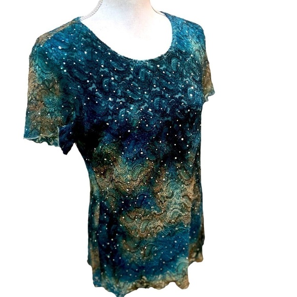 Brittany Black short sleeve stretch lace top ombre beaded sparkles lined medium - Picture 3 of 10